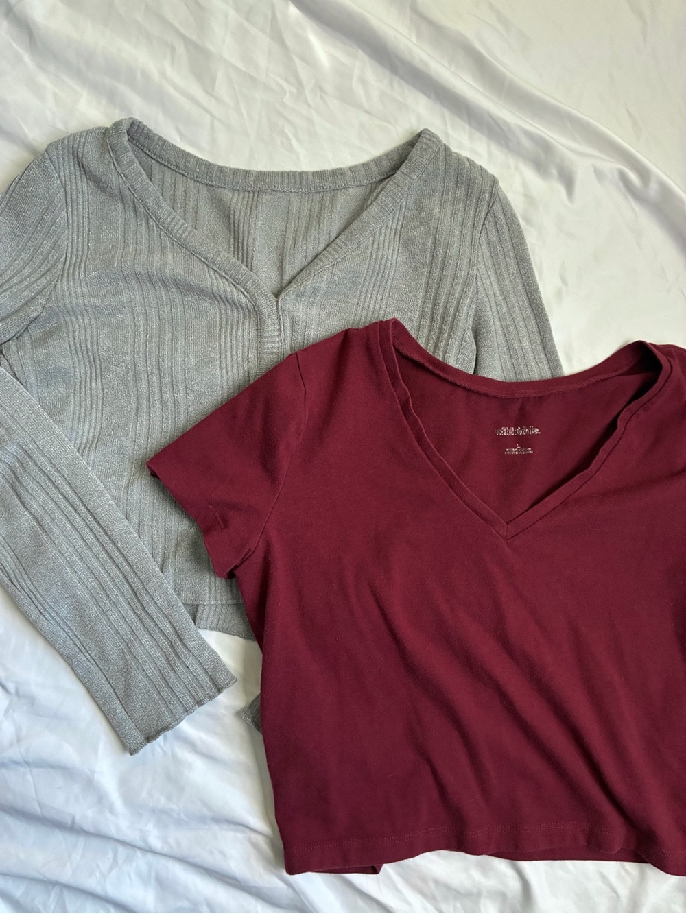 V-Neck Crop-top Set Short Sleeve Top in Wine & Long sleeve in Gray Wild Fable